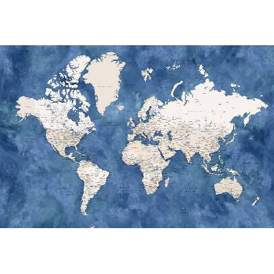 Plagát, Obraz - Blue and beige watercolor detailed world map, Blursbyai, 40 × 26.7 cm