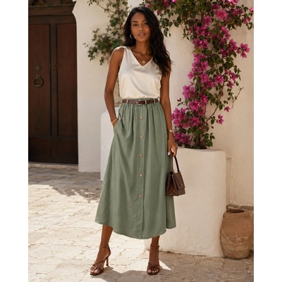 Fashionweek dámská lyocellová midi /maxi sukně s knoflíky a páskem UB-SCARLA khaki