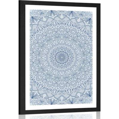 Plakát s paspartou detailní ozdobná Mandala v modré barvě - 40x60 white