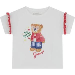 GUESS Нежна бяла тениска за мини момиче с червени къдрички и цветно мече отпред Guess