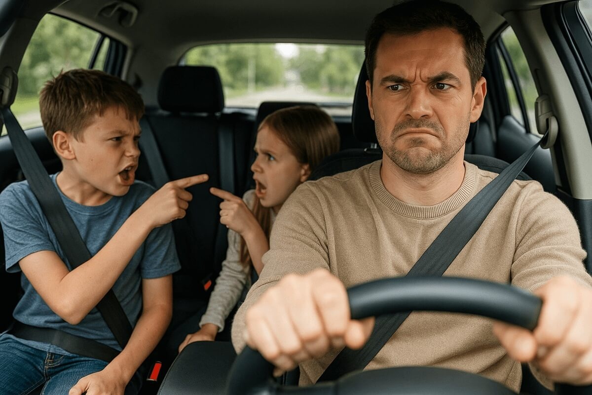 Татко води децата на училище, не стига и децата се карат.