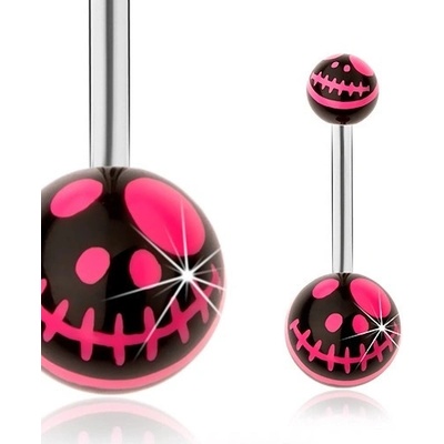 Šperky eshop piercing do pupíku ocel černá a neonově růžová kreslená lebka SP30.09