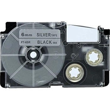 Pro Casio Съвместима лента с Casio XR-6SR1 6mm x 8m черен печат / сребърен фон (XR6SR)