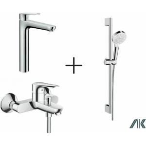 Hansgrohe Смесител Hansgrohe Logis E с висок смесител за мивка, смесител за вана и душ комплект с хромирана ръкохватка (71162000+71403000+26532400)