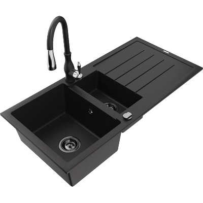 Mexen Andres гранитна мивка с 1, 5 камери с отцедник и кухненски смесител Savita, черен - 6515-77-672601-70-B (6515-77-672601-70-B)