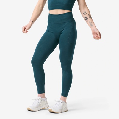 DOMYOS Dámske bezšvové fitness legíny modrozelené