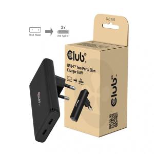 Club 3D мрежов адаптер - CAC-1935 (65 W, 2xUSB-C, PD 3.1, защита от презареждане, компактен размер, черен) (CAC-1935)