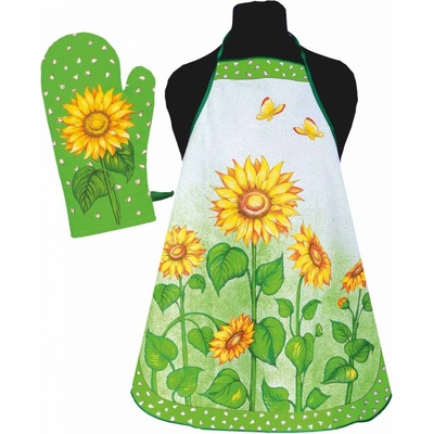 Forbyt Zástěra kuchyňská nebo komplet Slunečnice zelená dvojkombinace