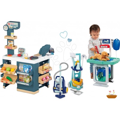 Smoby Set obchod elektronický s váhou a skenerom Super Market a zverolekársky vozík so psíkom a upratovací vozík s vysávačom