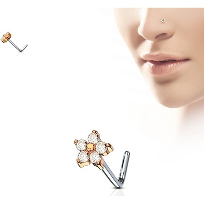 Šperky4U zlacený zahnutý piercing do nosu čiré kamínky N0083-RDC