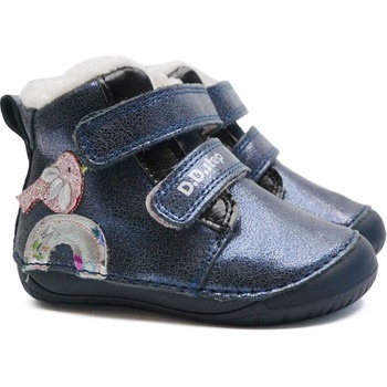 D.D.Step W070-52624 dětské barefoot zimní boty s kožíškem ptáček modrý