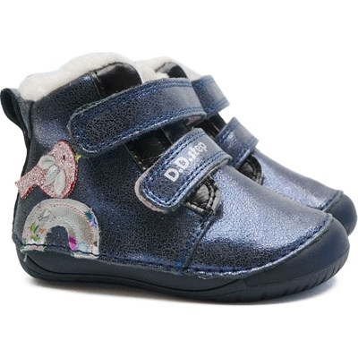 D.D.Step W070-52624 dětské barefoot zimní boty s kožíškem ptáček modrý