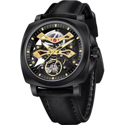 Pagani Мъжки часовник Pagani Design Yikker, Автоматичен, Естествена кожа, Скелетон, Черен / Златист (PD-YS017-BLACK-GOLD)