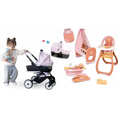 Smoby Set trojkombinácia s kolískou Puschair Pink Maxi Cosi&Quinny a jedálenská stolička s vaničkou a spacím vakom