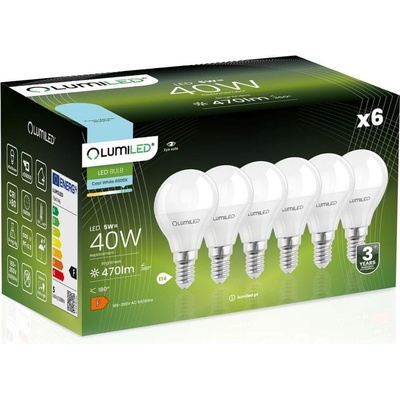 Lumiled 6x LED žiarovka E14 P40 5W = 40W 470lm 6500K Studená biela 180°