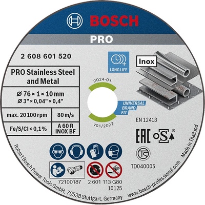 Bosch EXPERT Sada řezných kotoučů A 60 R INOX BF, ø 76 × 1 × 10 mm, 20100 ot./min, 5 ks 2608601520