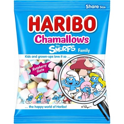 Haribo Chamallows Smurfs marshmallow ve tvaru Šmoulů s malinovou příchutí 100 g
