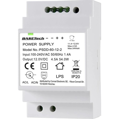 Basetech BT-2250320 síťový zdroj na DIN lištu 12 V 4.5 A 54 W Počet výstupů:2 x Obsah 1 ks