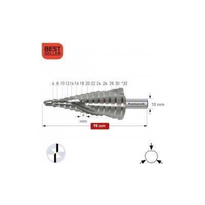 Karnasch Стъпално свредло Ø 6-32* mm (x 4 mm), HSS-XE без покритие, 2x спирален канал, BESTSELLER (201449U)
