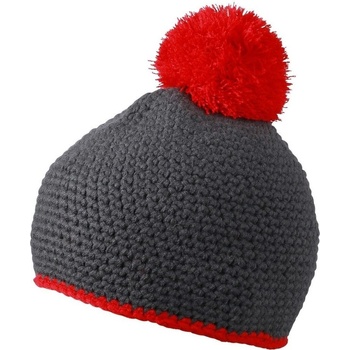 Myrtle Beach MB7964 pletená čiapka s kontrastným pruhom a brmbolcom tmavě šedá červená