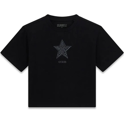GUESS Къса черна тениска за момиче със звезда и надпис Guess