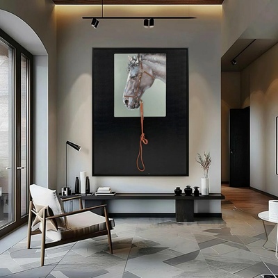 Majestátny kôň - jedinečný obraz na stenu s koženým lanom - STALLION DARK 90 x 120 cm