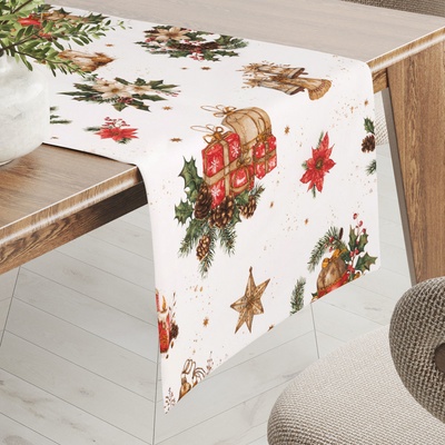Biante Vánoční bavlněný běhoun Sandra SA-515 Vánoční hvězdy a ozdoby na bílém 35x160cm