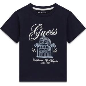 GUESS Тениска в тъмносин цвят за мини момче с бял надпис Guess и щампа на сграда