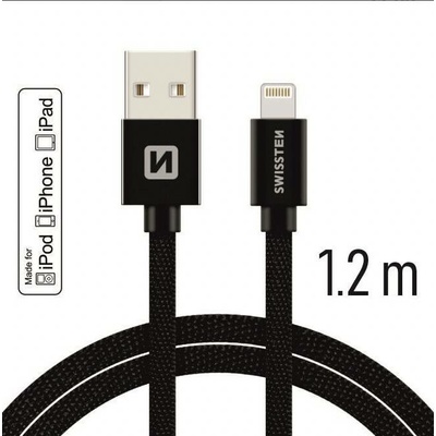 Swissten MFI licencovaný datový lightning kabel textile černý 1.2m / 2.0m Délka: 1,2m