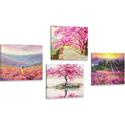 Set obrazů nádherná imitace olejomalby v růžové barvě - 4x 40x40