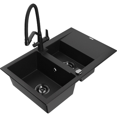 Mexen Gaspar гранитна мивка 1, 5-камерна с отцедник и кухненски смесител Duo, черен - 6507-77-671701-70-B (6507-77-671701-70-B)