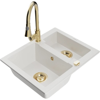 Mexen Carlos гранитна мивка с 1, 5 камери с кухненски смесител Elia, бяла (6518-20-670101-50)