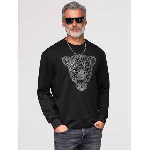 Ombre Clothing Мъжки суитшърт със сребърна и черна аплика пантера на гръдта с кръгло деколте - черен V1 OM-SSNZ-0273 Ombre Clothing Ombre Clothing | Cheren | МЪЖЕ | M