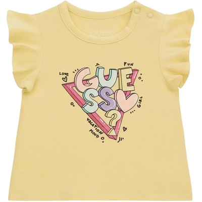 GUESS Жълта тениска с къдрички за бебе момиче с цветни букви Guess
