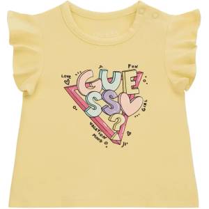 GUESS Жълта тениска с къдрички за бебе момиче с цветни букви Guess