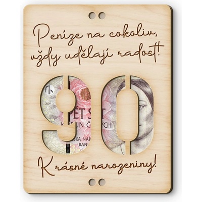 Dřevěná obálka na peníze - Krásné narozeniny 90