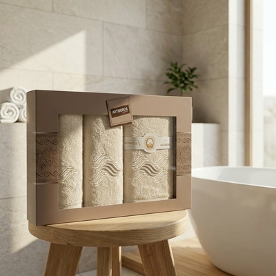 4sleep set ručníků a osušek 370 3 ks smetanová s výšivkou 1 x 30 x 50 cm + 1 x 50 x 90 cm + 1 x 70 x 140 cm