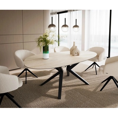 DELIFE Edge oválný 220 x 120 keramika LaminamTravertino Bianco krémově bílá Zenthara hranatý kov černý