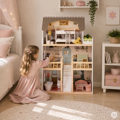 Ecotoys Drevený domček pre bábiky Laura, 3 poschodia, 5 izieb, 15 kusov nábytku