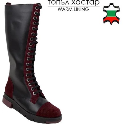 Български обувки Дамски ботуши черна напа и детайли от велур в цвят бордо 20487