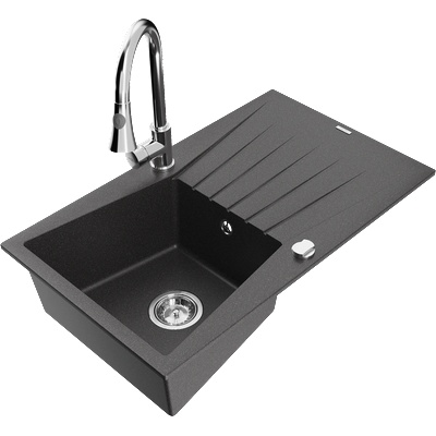 Mexen Cesar мивка гранитна 1-камерна с отцедник и кухненски смесител Elia, черен с петна - 6514-76-670101-00 (6514-76-670101-00)