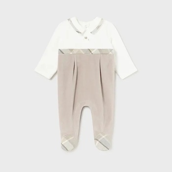 Mayoral Гащеризон плюш с контрастна яка за новородено момче в бяло и бежово Майорал