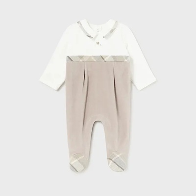 Mayoral Гащеризон плюш с контрастна яка за новородено момче в бяло и бежово Майорал