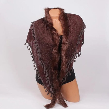Image 1 of Триъгълен шал в кафяво с дантела, пухче и пискюли