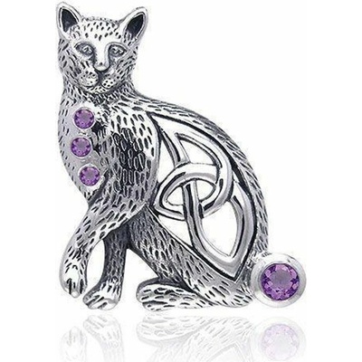Fantasy Šperky Keltská kočka stříbrný přívěsek s ametysty P3403