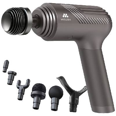 MISURA MB1Pro carbon Masážní pistole, 6 masážních hlavic, 5 rychlostních stupňů, až 3200 úderů za minutu, zdvih 12mm, 2500mAh baterie, výdrž 8h, šedá P23MB1ProG