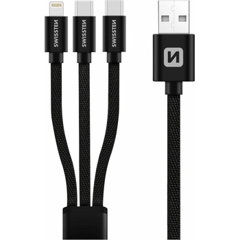 Swissten 72501103 3v1 2x USB-C (M) - Lightning (M) - USB-A (M), 60W, 3A, 1,2m, černý