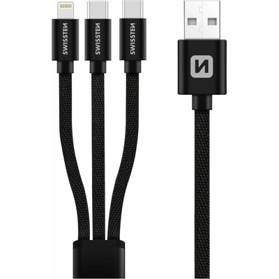 Swissten 72501103 3v1 2x USB-C (M) - Lightning (M) - USB-A (M), 60W, 3A, 1,2m, černý