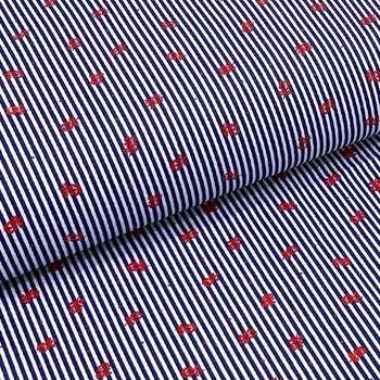 Bavlněné plátno P0470 modro-bílý pruh, červené tečky a kytky, š.140