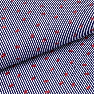 Bavlněné plátno P0470 modro-bílý pruh, červené tečky a kytky, š.140